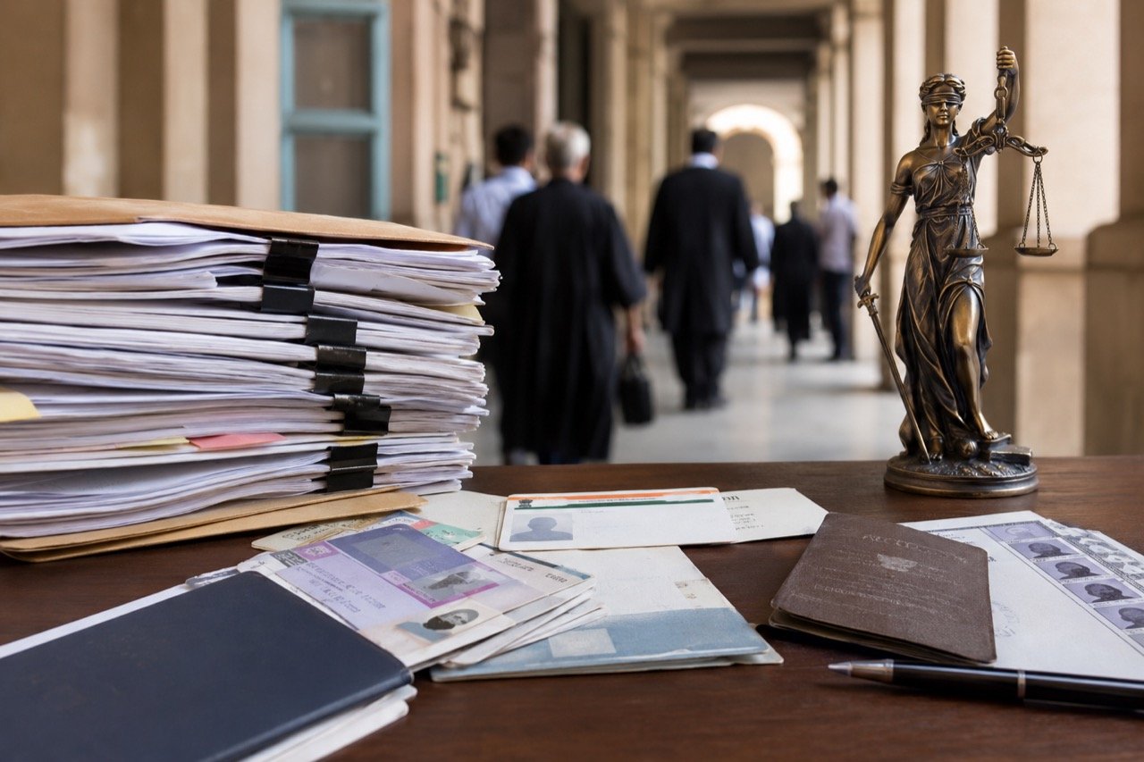 A spread of Indian identity documents including a PAN card and voter ID laid over legal papers, symbolising the gap between identity and citizenship proof