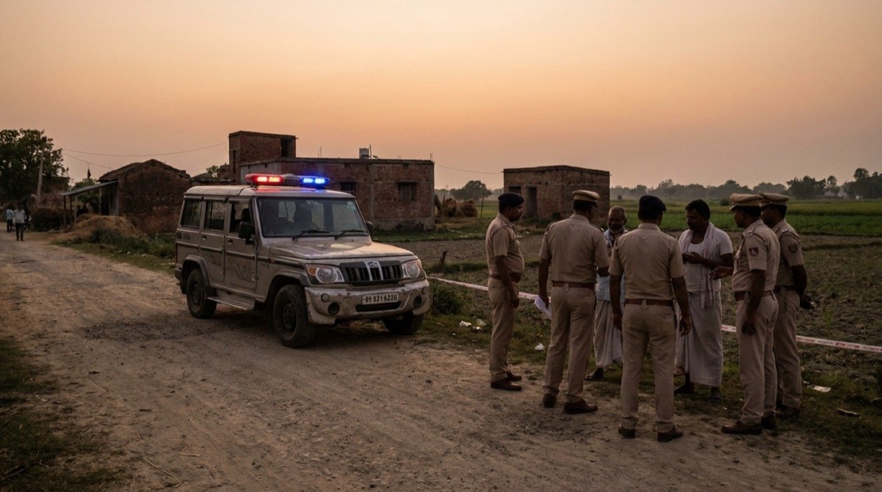 A police vehicle on a rural Bihar road at dusk, illustrating the investigation into the attack on Pankaj Tripathi's brother