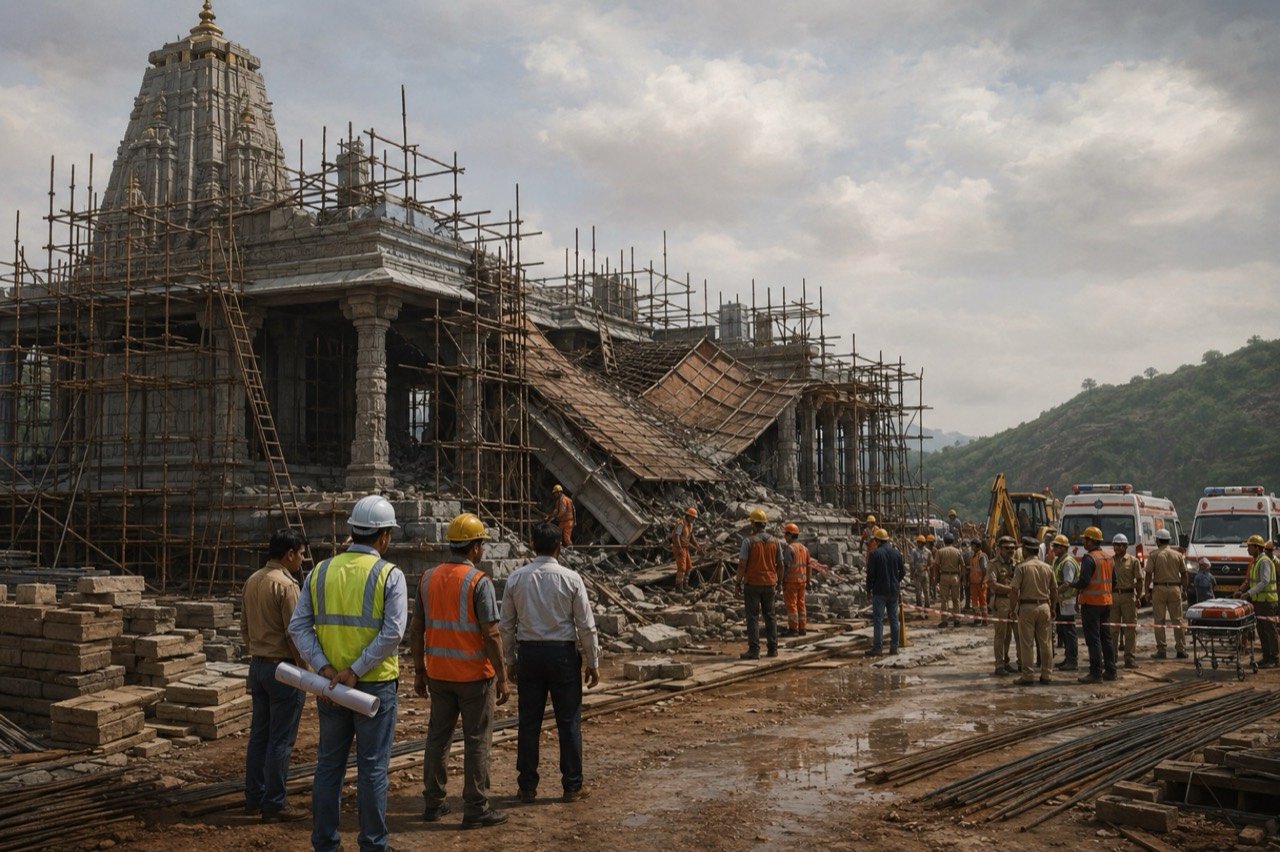 Rescue workers at the site of an under-construction temple roof collapse in Yashwadi village, Parbhani district, Maharashtra