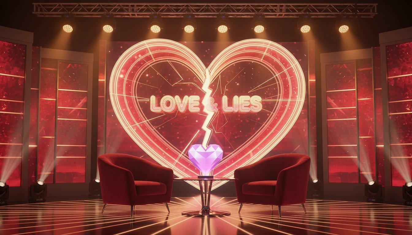 A stage with a neon broken-heart 'Love and Lies' sign and two facing armchairs