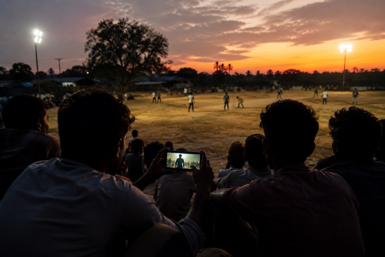 A dramatic sports arena at dusk with stadium floodlights blazing over a dusty playing field, evoking a Telugu sports drama