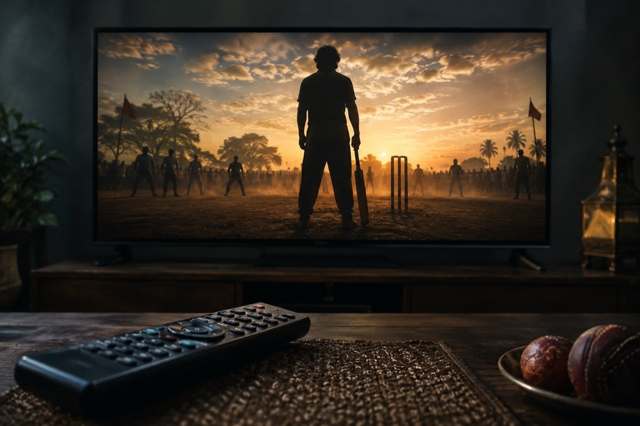 Dramatic Telugu sports-action film scene with a lead actor in a floodlit arena, evoking Peddi's big-screen spectacle