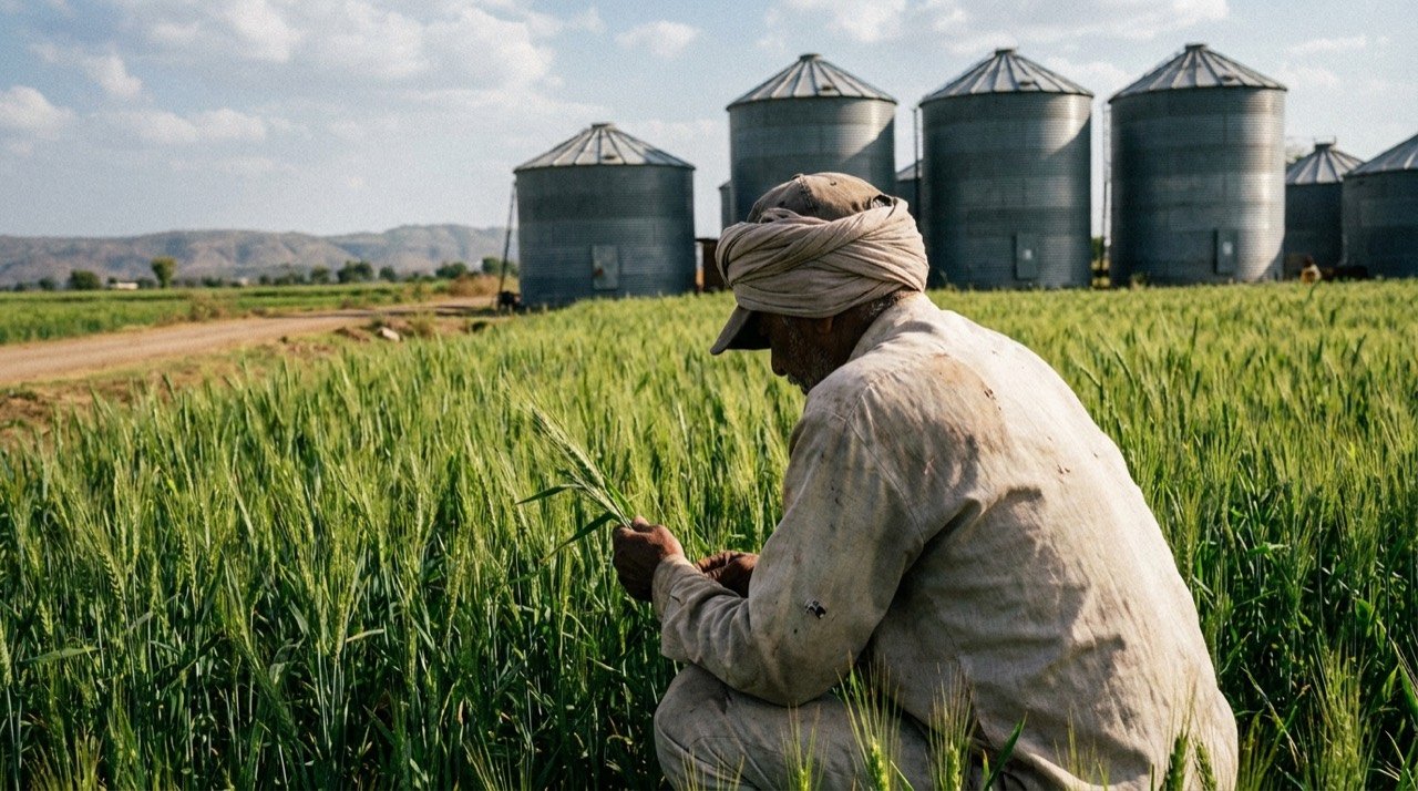 A farmer inspecting a healthy crop field with storage silos visible in the background.