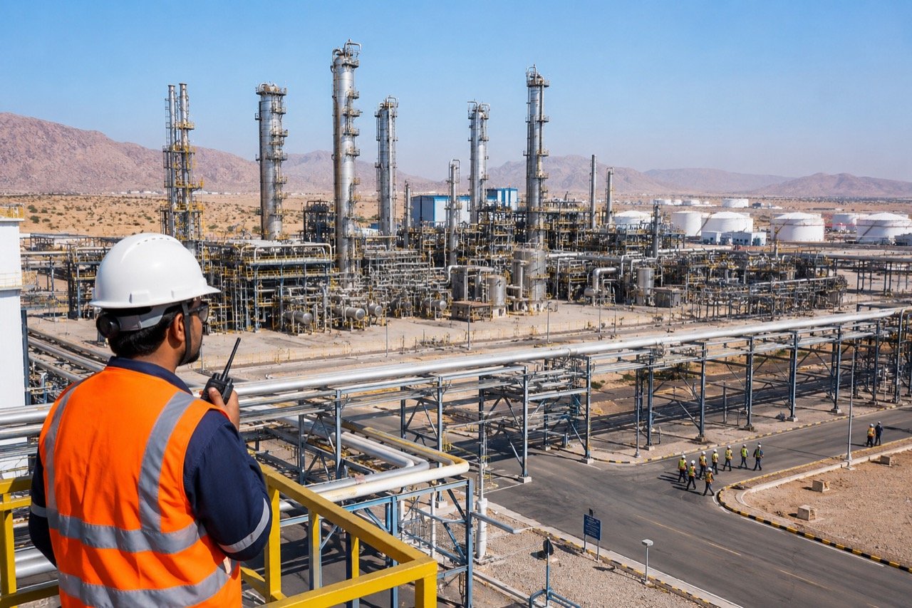 A sprawling oil refinery complex in the Rajasthan desert with steel towers, pipelines and storage tanks under a bright sky