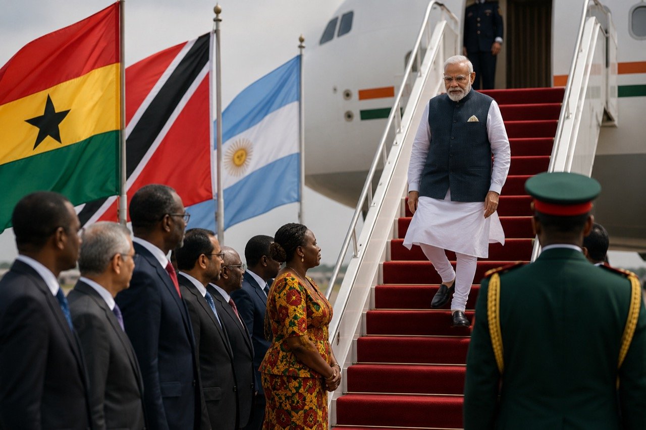 Prime Minister Narendra Modi walking towards an aircraft on a tarmac, with the flags of Ghana, Trinidad and Tobago and Argentina displayed alongside the Indian tricolour.