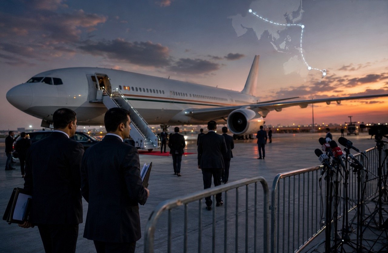 The Indian Prime Minister's aircraft on a tarmac with the flags of India, Indonesia, Australia and New Zealand arranged in the foreground under a bright sky.