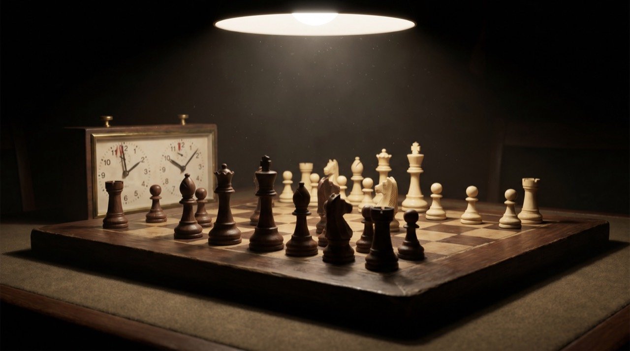 Two chess players seated across a board during a high-level classical tournament.