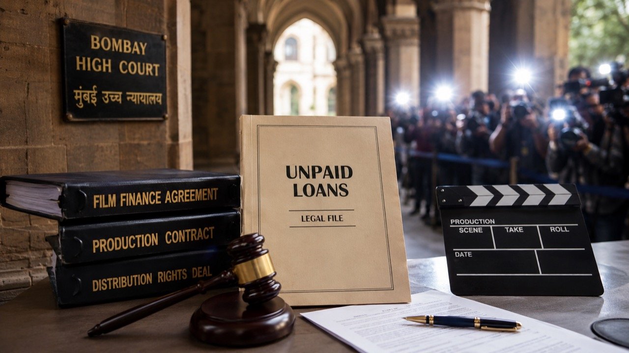 A gavel resting on legal documents beside a film clapperboard, symbolising a Bollywood financial dispute in court