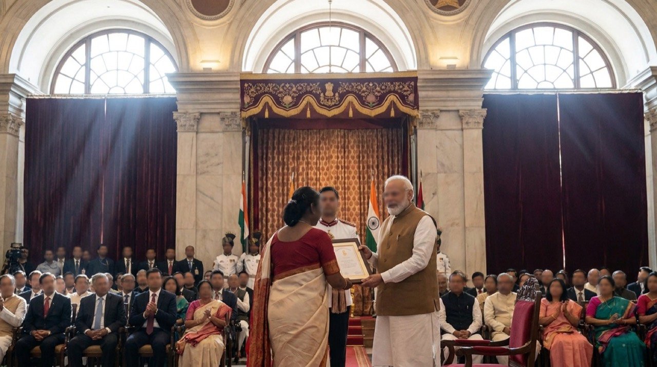 President Droupadi Murmu conferring Padma Awards on recipients at a Rashtrapati Bhavan ceremony