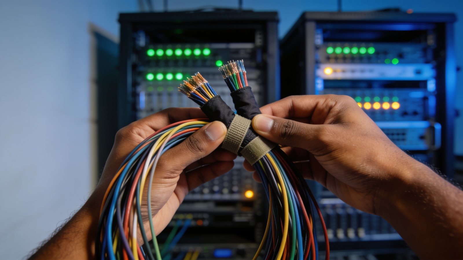 A technician's hands binding two separate cable looms into one bundle inside a dim equipment room.