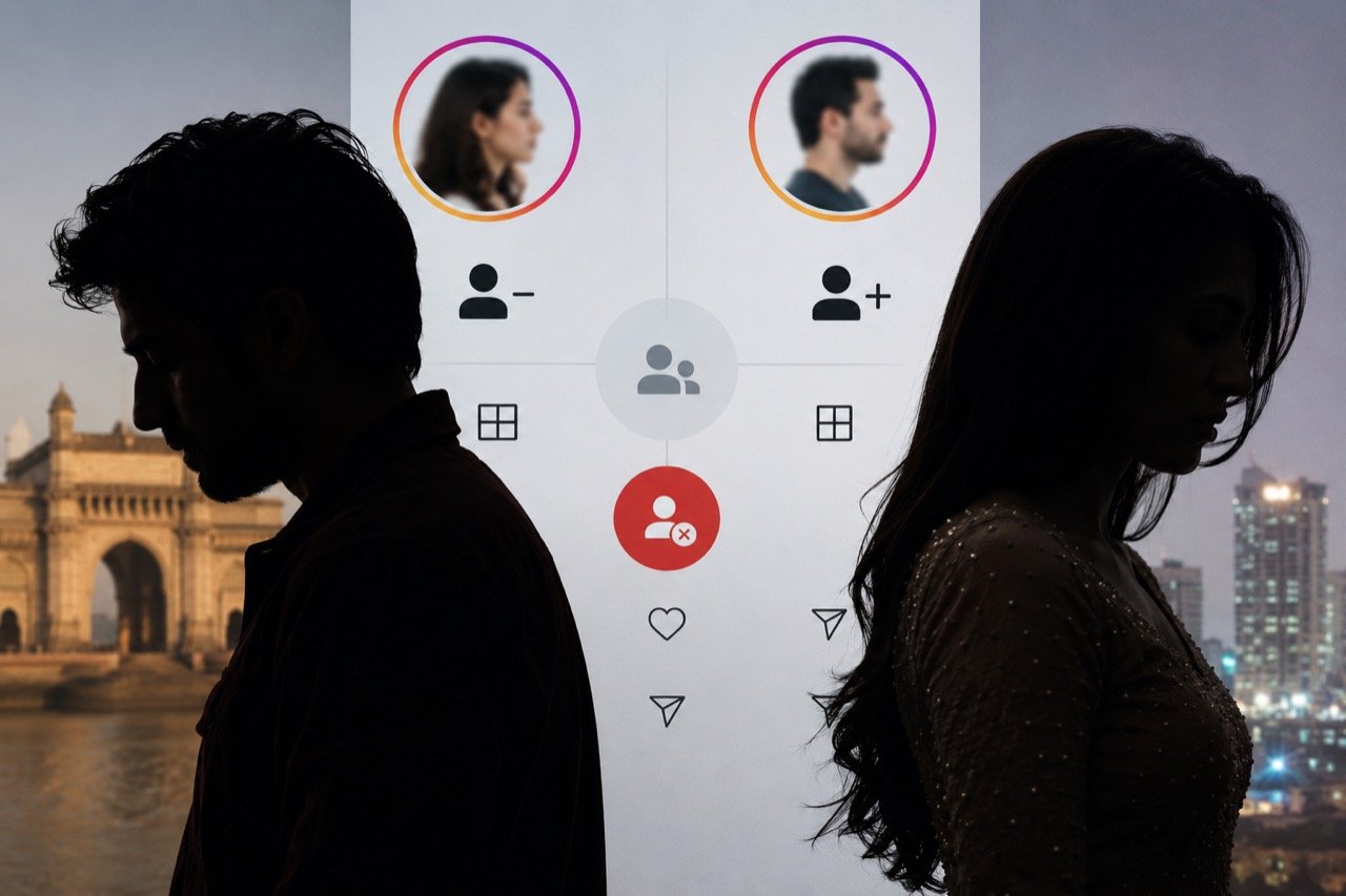 Smartphone showing an Instagram profile screen with an unfollow button, set against a glowing backdrop of reality television studio lights