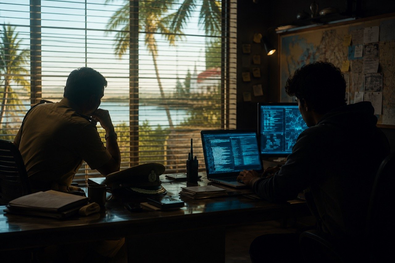 A weathered police jeep parked on a palm-lined Goa street at dusk, with glowing laptop screens hinting at a cyber-crime investigation