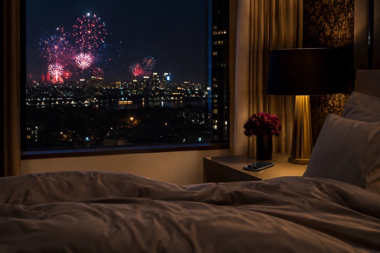 Colourful Fourth of July fireworks bursting over a night skyline in the United States, viewed from a home window