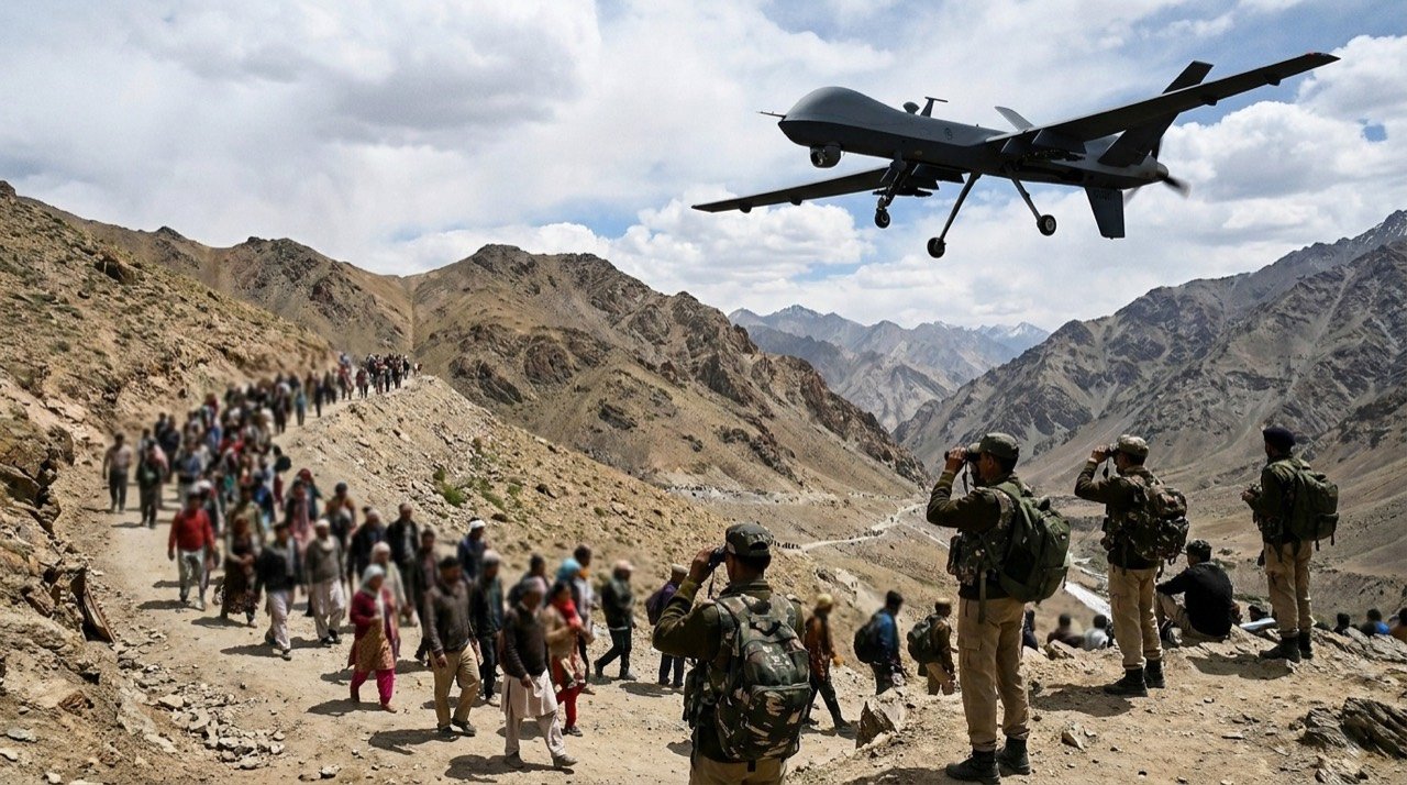 A surveillance drone hovering over a mountainous pilgrimage route with security personnel on the ground.