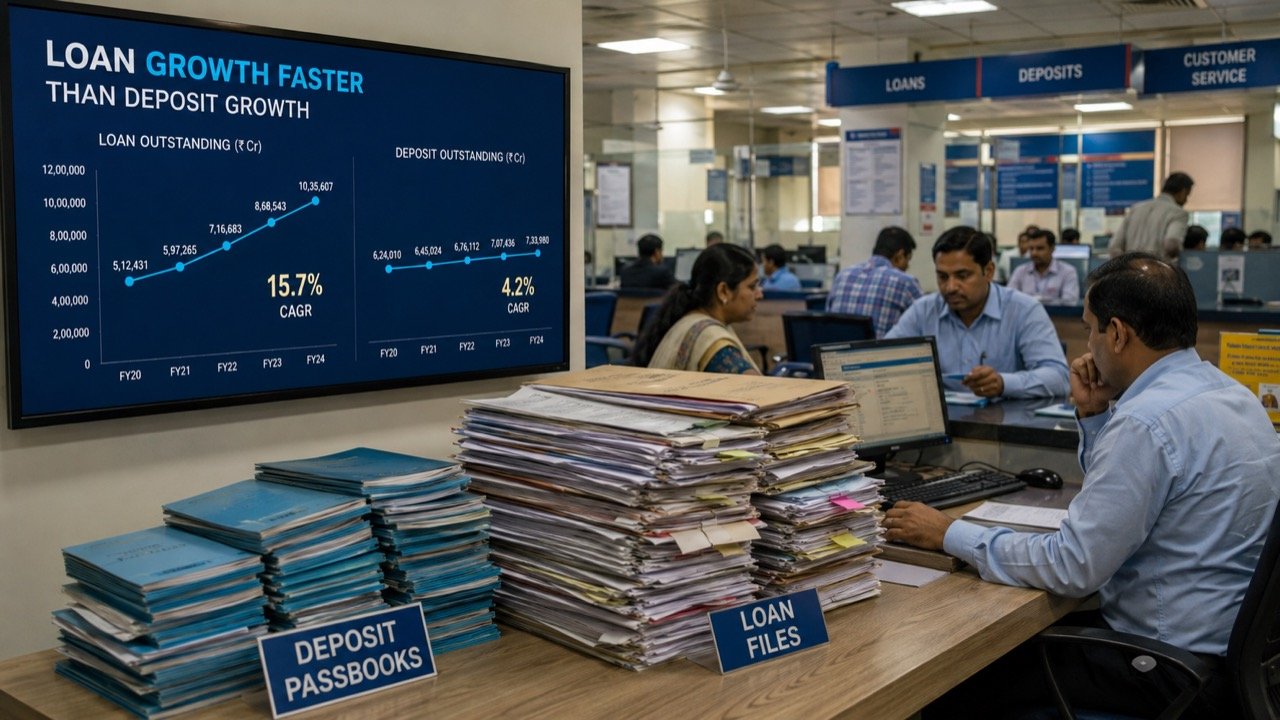 A modern Indian public-sector bank branch exterior with customers at counters, overlaid with rising loan and deposit growth charts