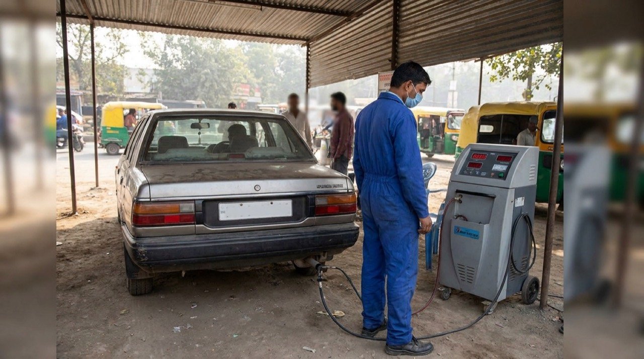 Vehicle undergoing an emission test at a pollution checking centre in India under the proposed PUCC 3.0 framework