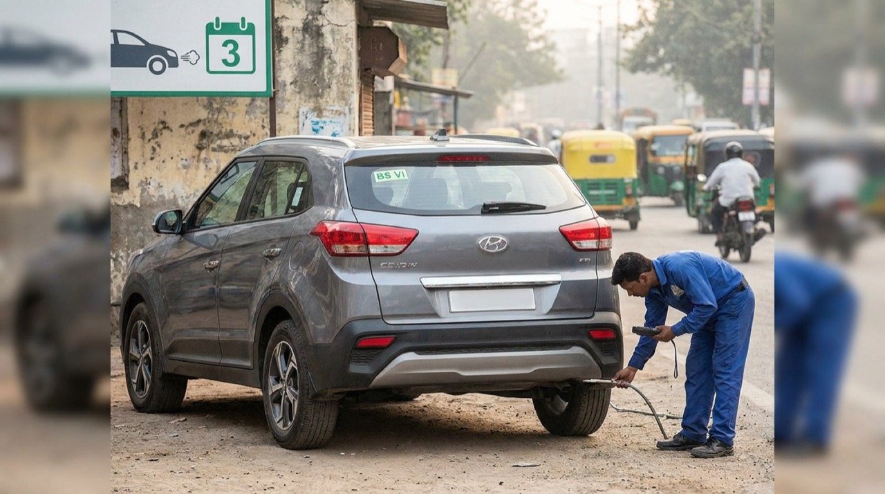 A vehicle undergoing a pollution check at a PUCC centre, illustrating the proposed three-year validity for BS VI vehicles