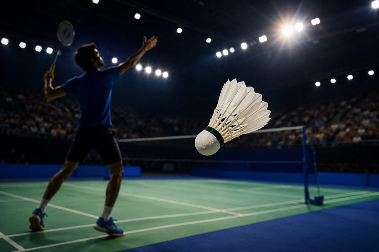 PV Sindhu lunging for a shot on a badminton court, racquet extended, with tournament branding and lights behind her