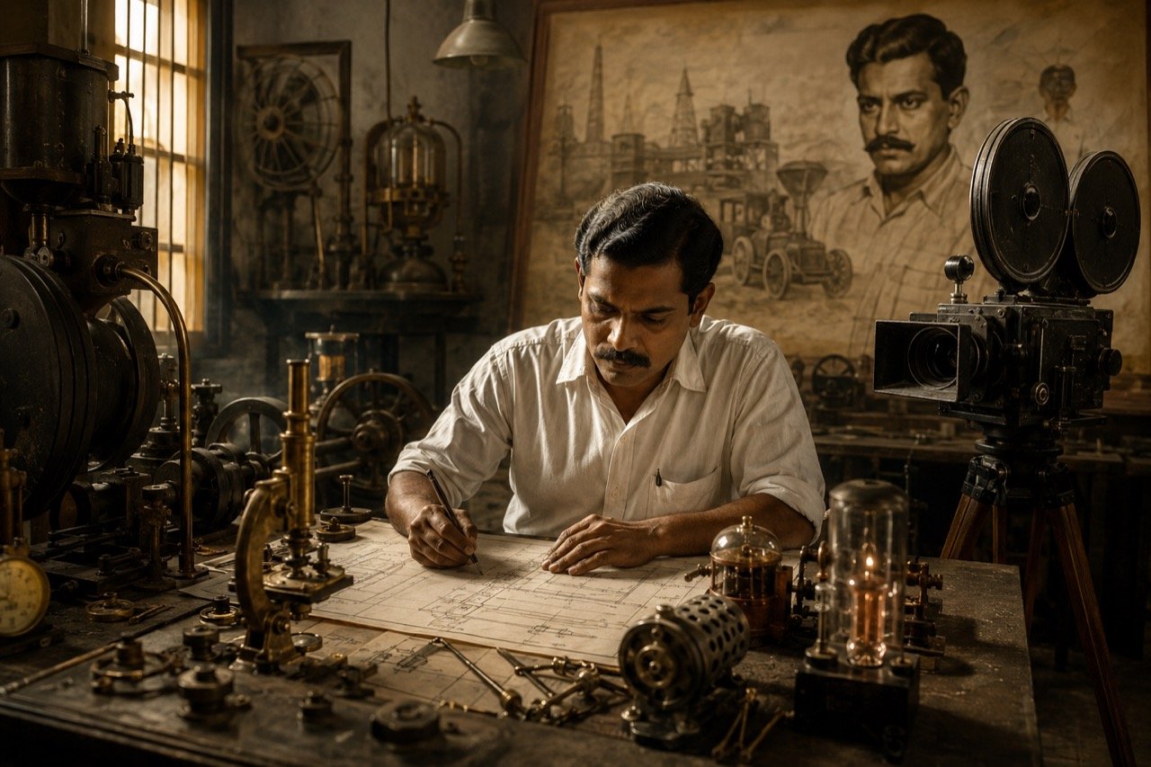 R Madhavan in period costume as inventor G.D. Naidu, surrounded by vintage machinery and workshop tools in a dramatic film still