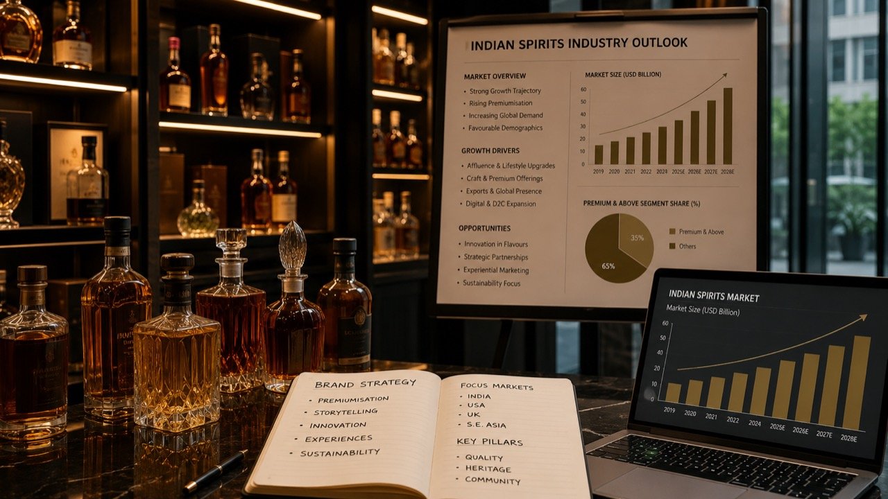 Premium Indian whisky and gin bottles arranged on a backlit bar shelf, symbolising the upmarket shift in India's spirits industry