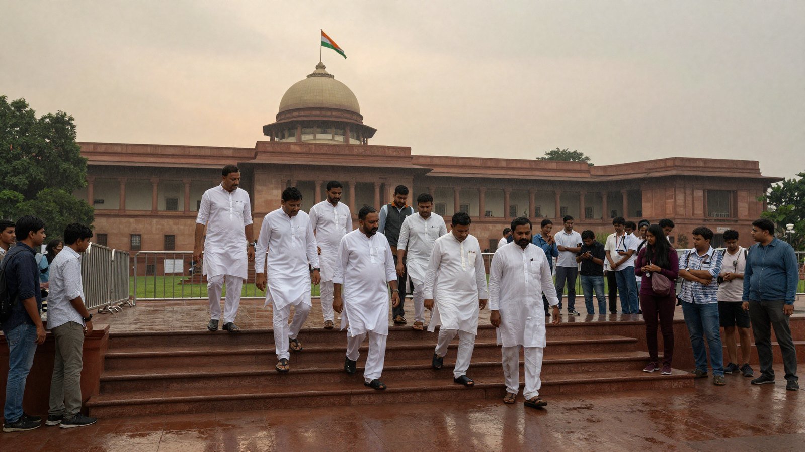 Politicians in white kurtas descend the steps of Parliament House in New Delhi at dusk as young onlookers watch from behind barricades.