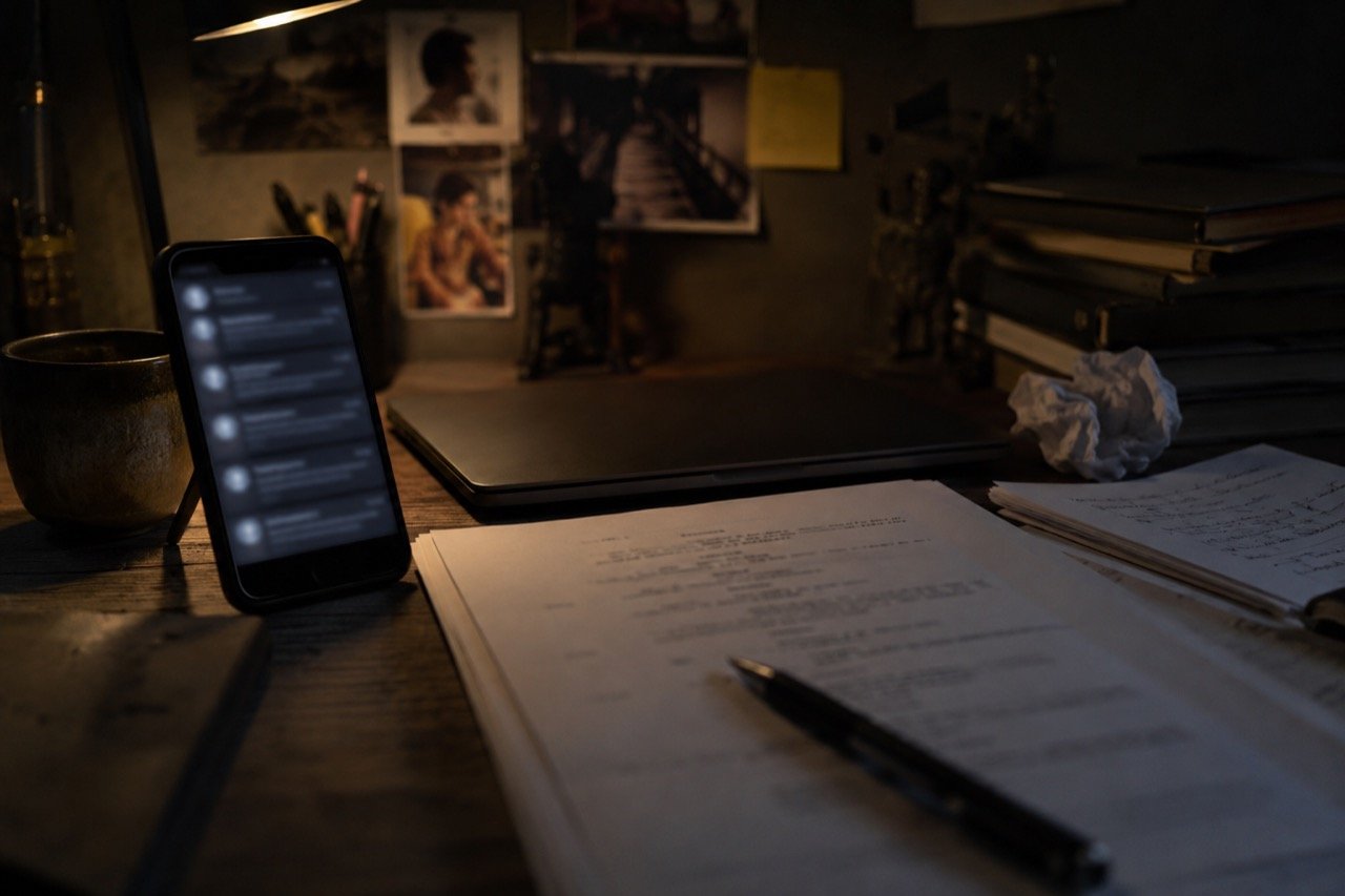 A smartphone showing a social media feed with hostile comment notifications, lying face-up in a dark room beside a film clapperboard