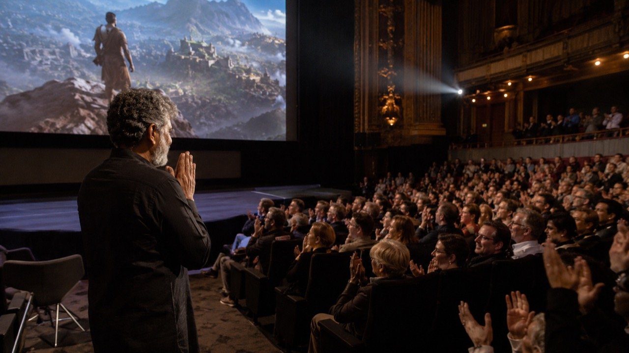 SS Rajamouli at a European film festival event during his 2026 Europe tour
