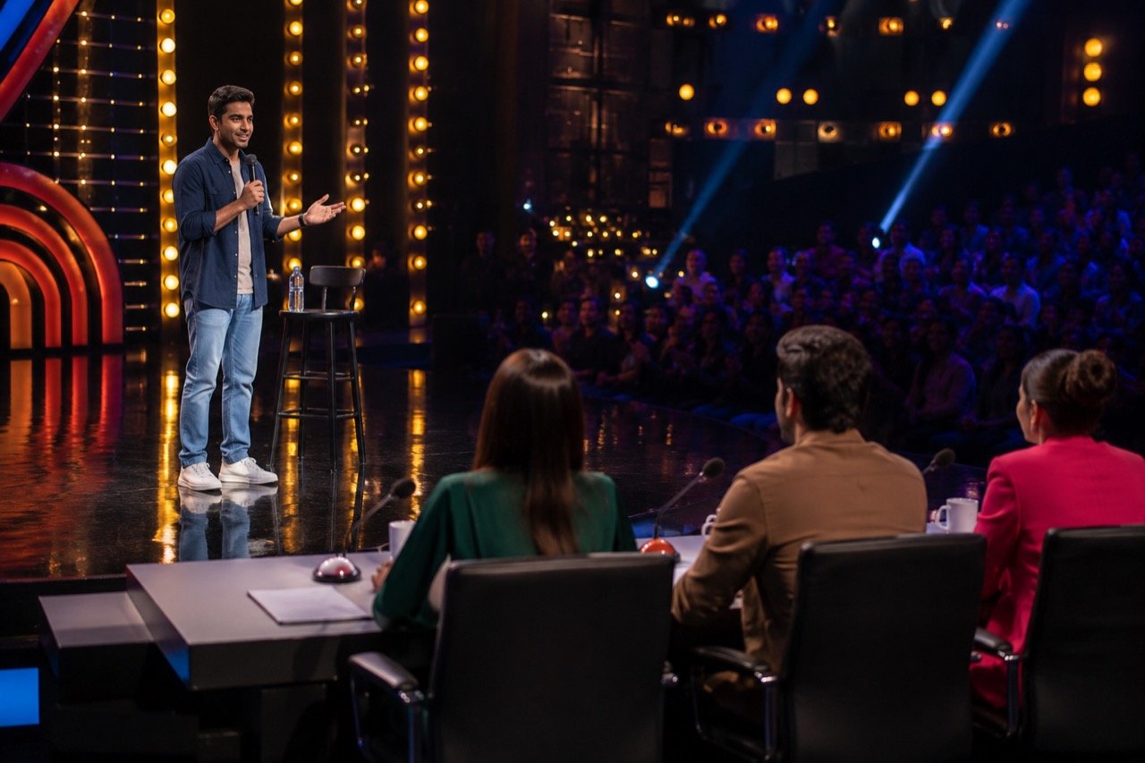 A vibrant stage set with spotlights and a microphone, evoking an Indian reality comedy show, with audience silhouettes and phone screens capturing viral moments in a 16:9 frame.