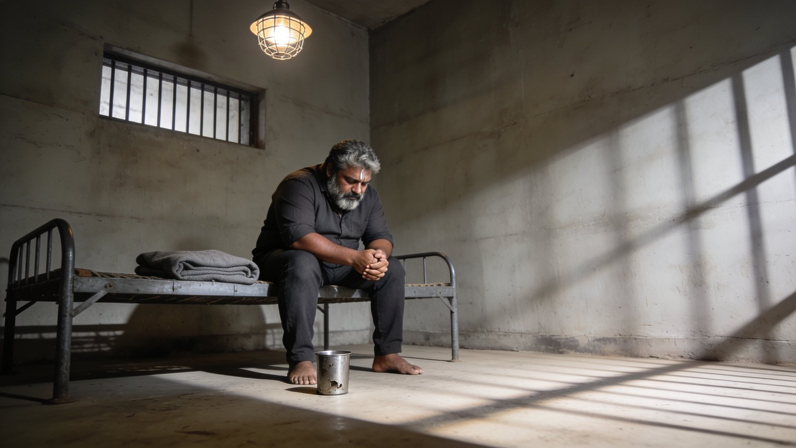 A middle-aged man sits alone on a bunk in a bare cell, head bowed and eyes wet.