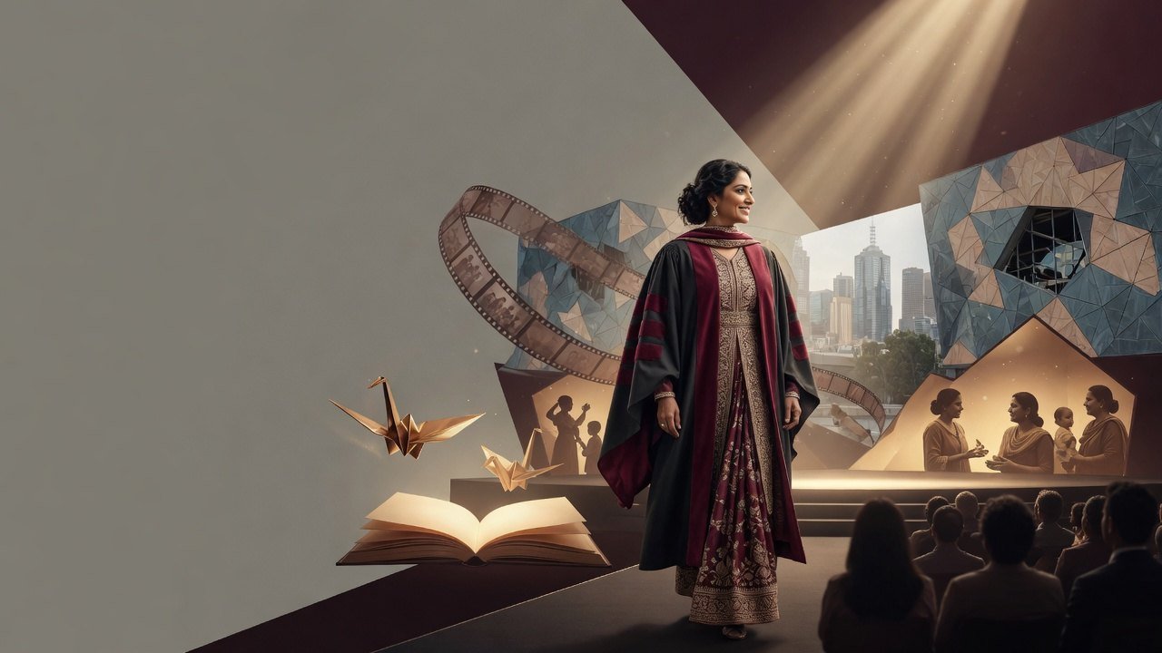 A woman in doctoral robes stands before a film reel and the Melbourne skyline as she receives an honorary degree