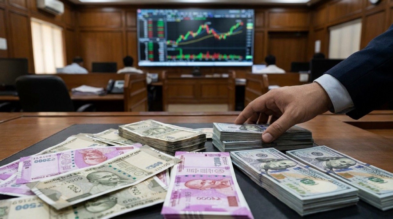 Indian rupee and US dollar notes illustrating RBI forex intervention amid pressure on the currency