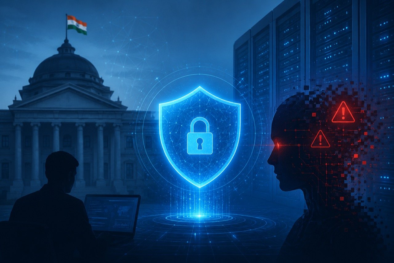 The Reserve Bank of India building overlaid with digital padlock and circuit imagery, symbolising AI-driven cyber threats to banks.