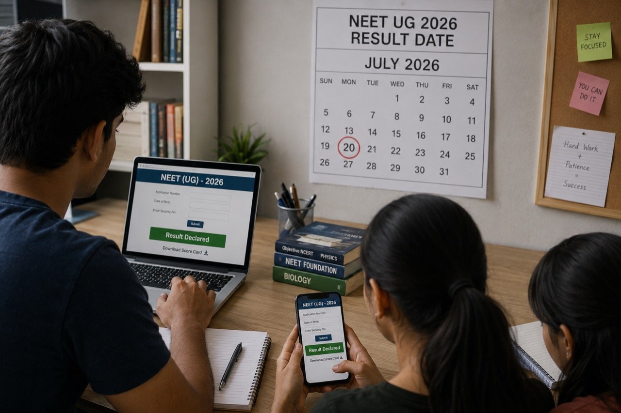 Indian students in a study hall checking an exam results portal on a laptop, with textbooks and admission documents spread on the desk