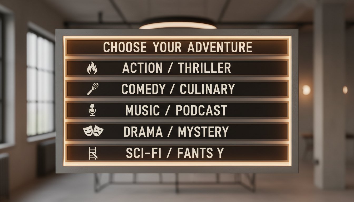 A 'Choose Your Adventure' menu board listing reality-show genres