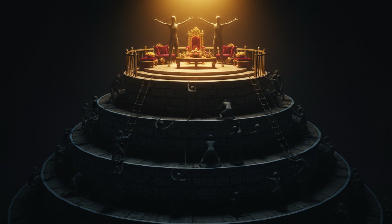 A stepped pyramid of thrones with figures climbing ladders, illustrating a reality-show hierarchy game