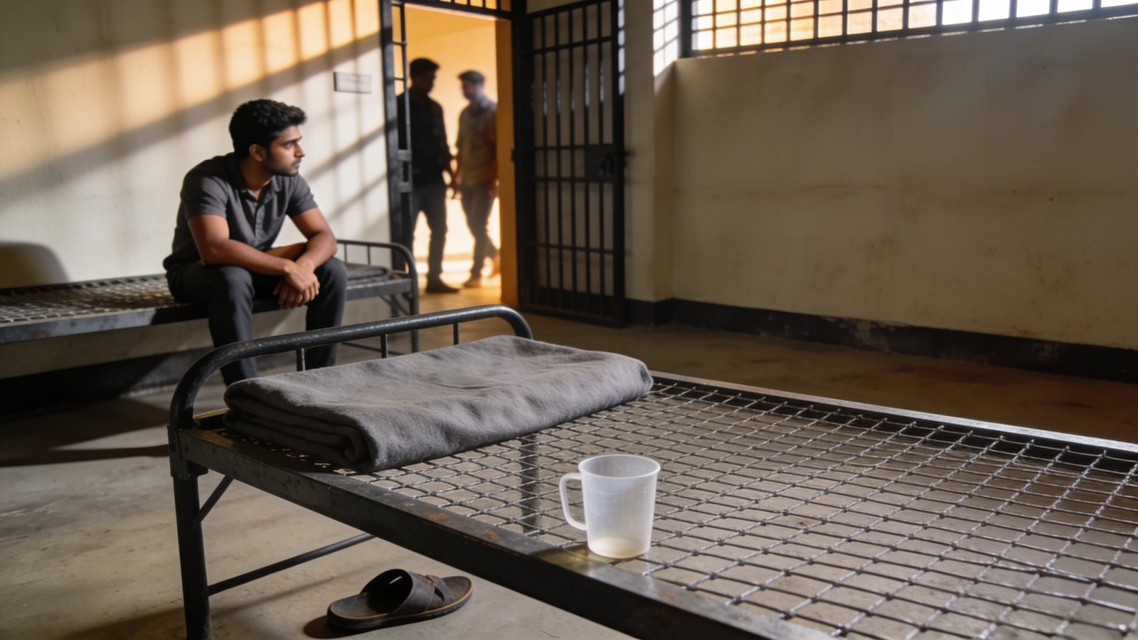 A stripped bunk with a folded blanket sits empty while a young man stares at it from the next bed.