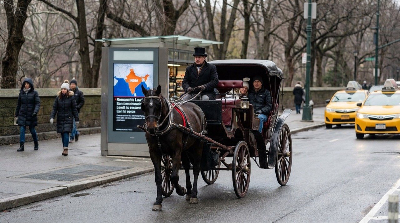 Horse-drawn tourist carriage near Central Park in New York City, the focus of the proposed Romanch's Law ban