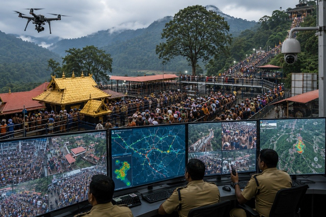 Pilgrims thronging the steps at Sannidhanam in Sabarimala, where an AI crowd management system is being prepared