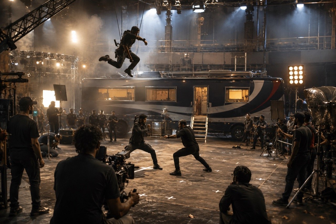 Salman Khan in a stylised action pose on a dimly lit film set, surrounded by stunt riggers and choreographers planning a large-scale fight sequence