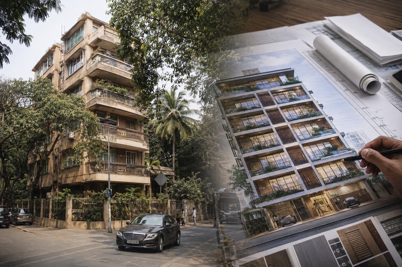 The facade of Galaxy Apartments in Bandra, Mumbai, with fans gathered on the street below a balcony at dusk