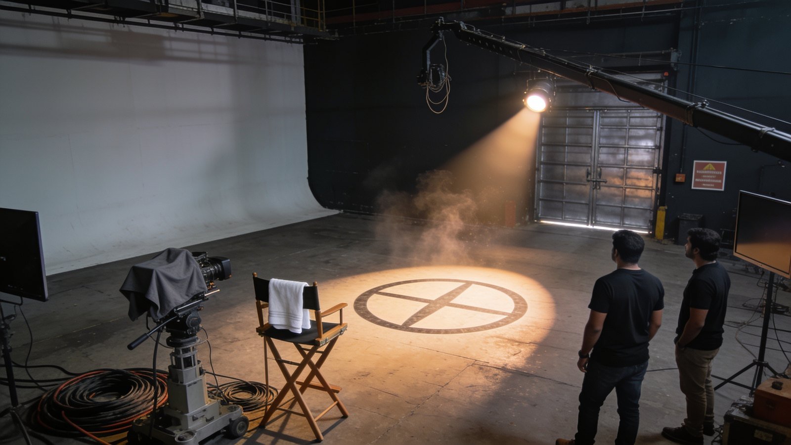 An empty spotlit host's mark and director's chair on a dim television soundstage as crew prepare for an arrival.