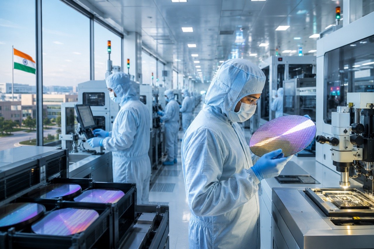 A modern semiconductor assembly cleanroom in Gujarat with workers in protective suits inspecting chip components on an automated production line