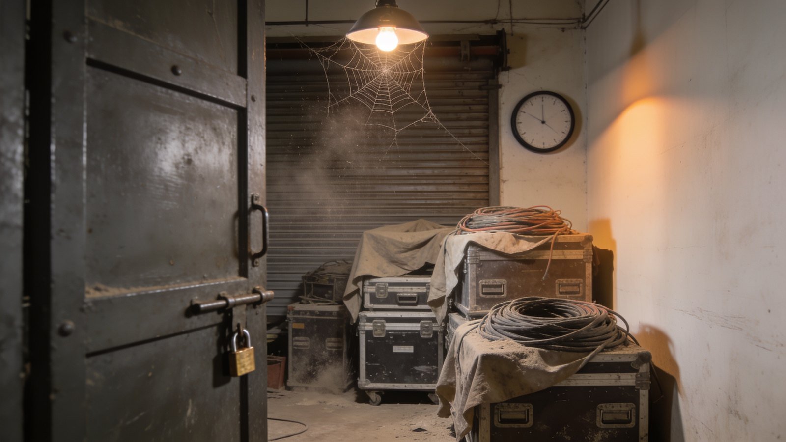 A dusty locked studio storeroom with padlocked door, covered equipment cases and a numberless wall clock.