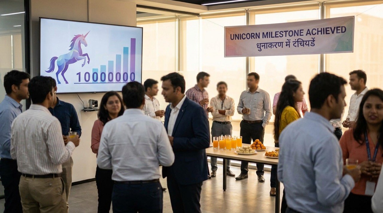 Founders celebrating at a startup office with a unicorn milestone displayed on a screen.