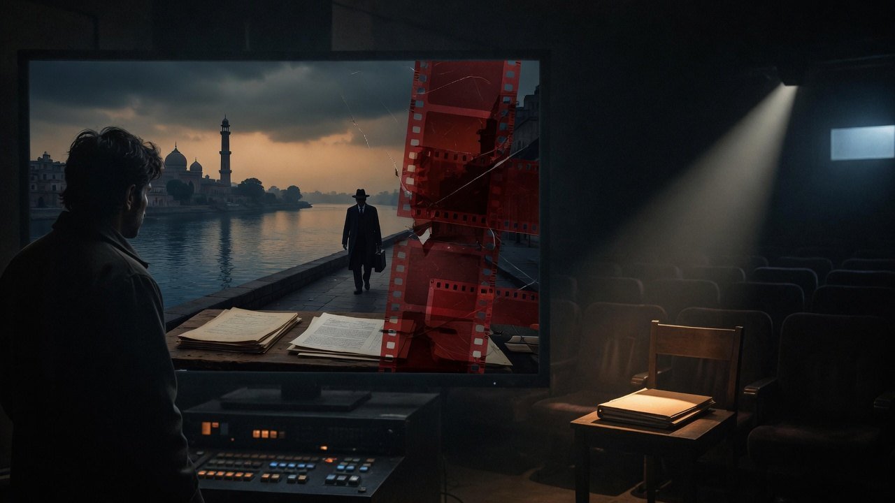 A director reviews footage in a dark editing suite as a red film strip cuts across a period-film scene, evoking a censorship dispute