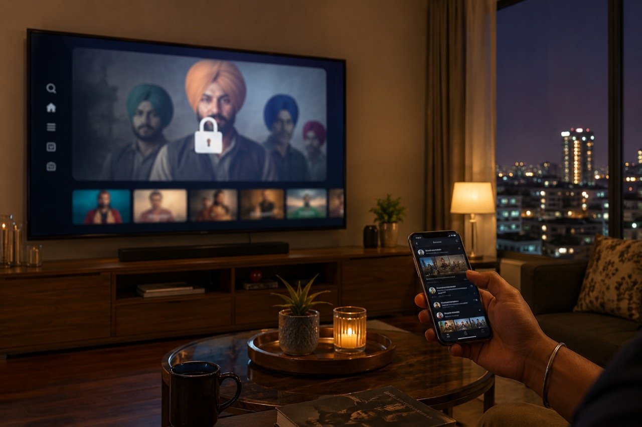A living room television showing a streaming app error screen with a paused film title, remote control in the foreground