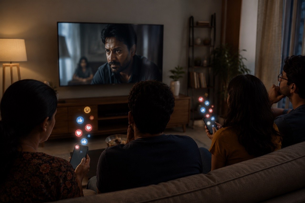 A dimly lit living room with a television screen casting light on moved viewers, evoking an emotional film streaming at home