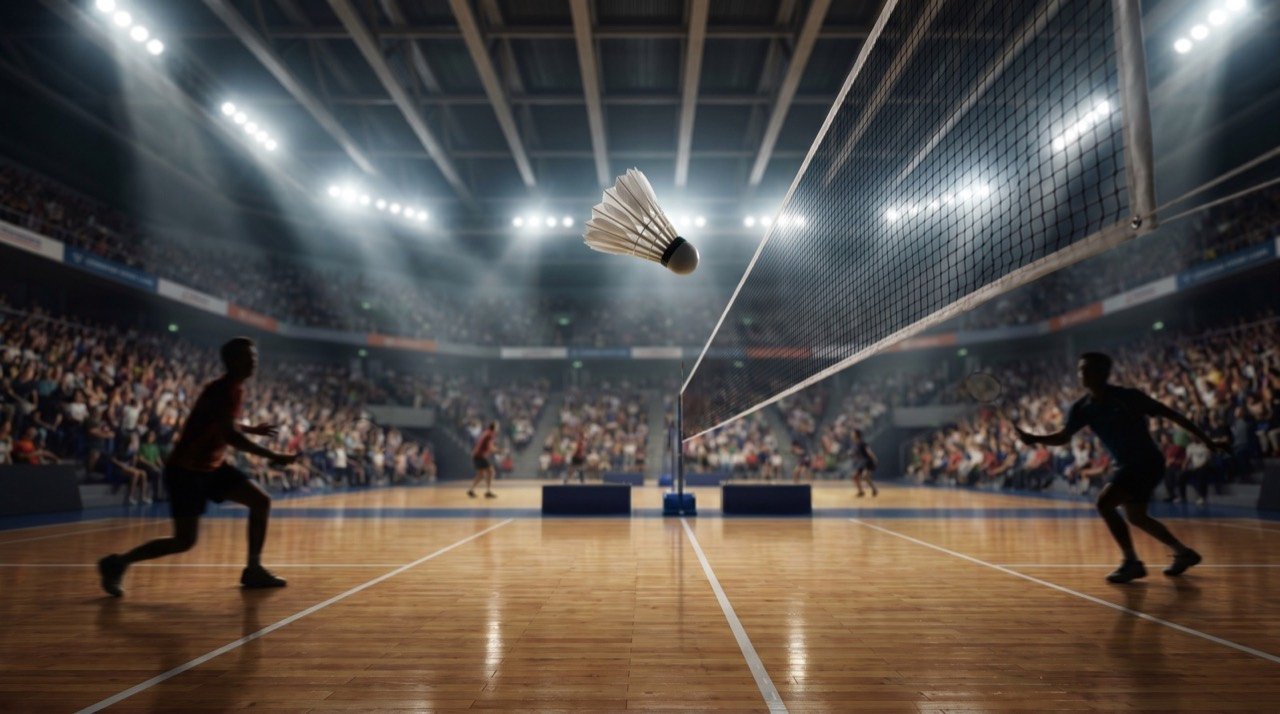 A badminton player lunging to return a shuttle during an international tournament.