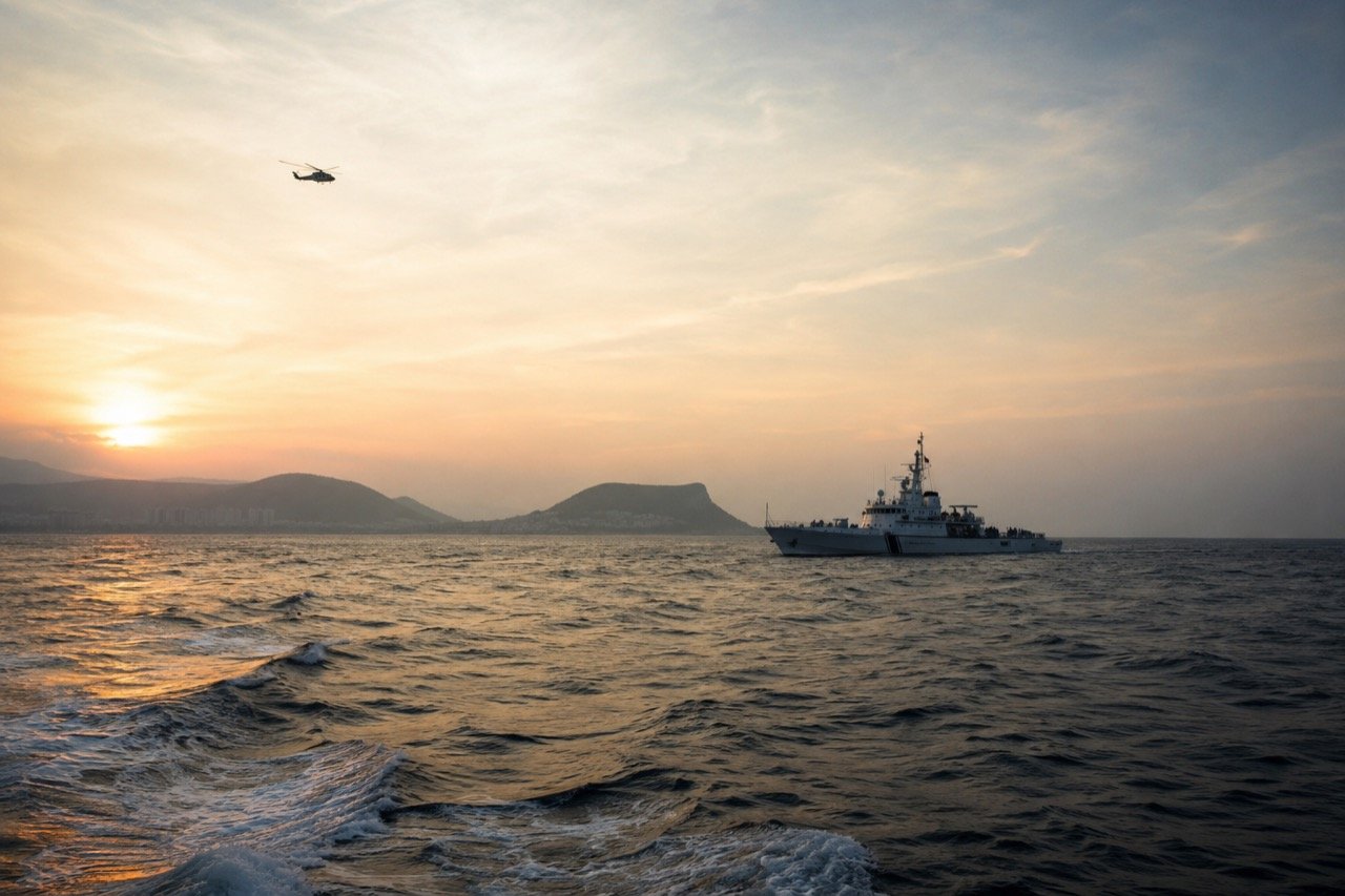 An Indian Coast Guard vessel and a Navy helicopter scanning choppy grey seas off the Visakhapatnam coast during a search operation for missing fishermen.