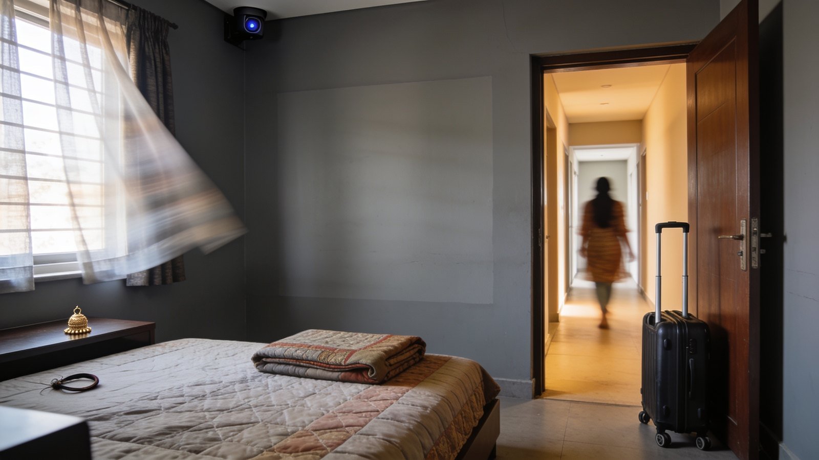 A stripped bedroom with a packed suitcase by the door as a woman walks away down the corridor outside.